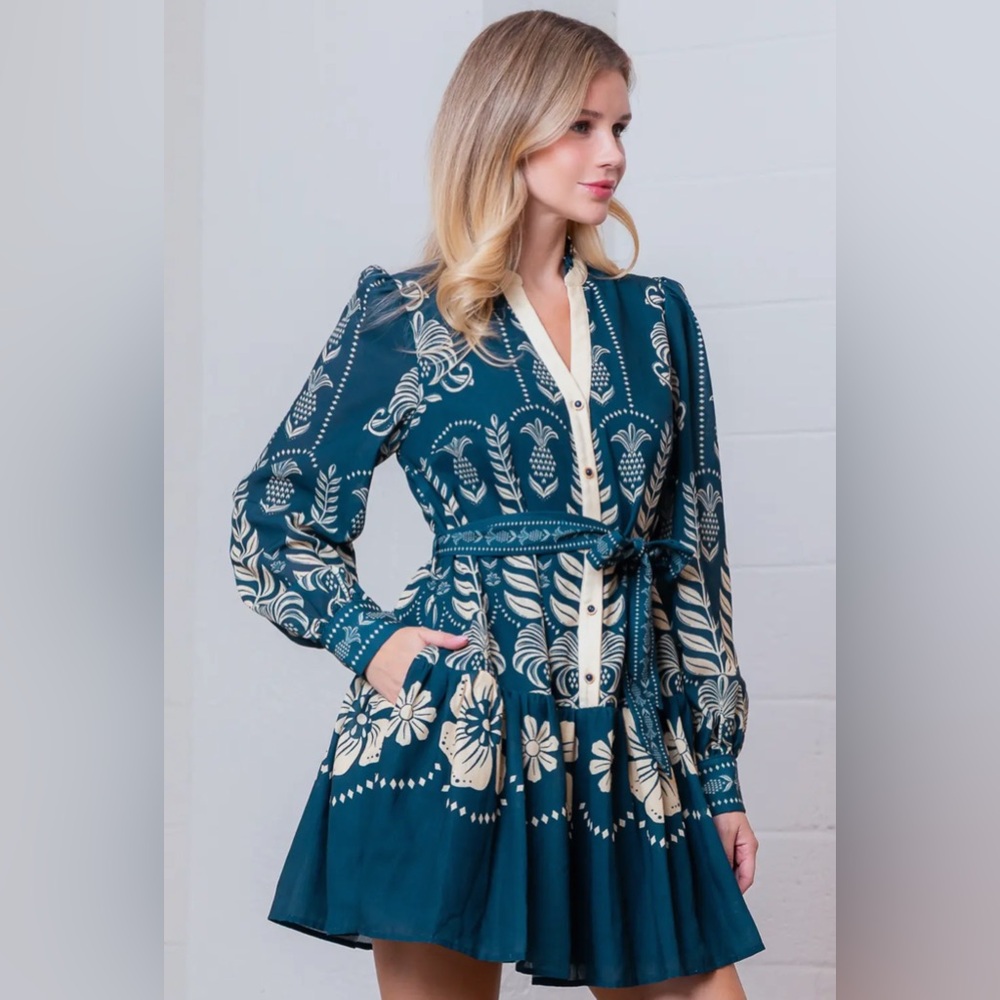 NWT Taelynn Blue Print long sleeve V-neck belted button down Mini Dress - Picture 4 of 6